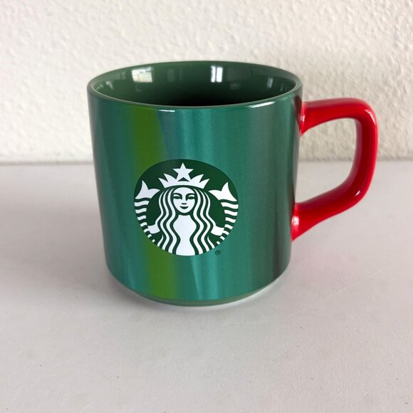 Starbucks Other - Starbucks Coffee Mug 2022 Green Marble Ombre Pattern Red Handle Siren Logo 11oz